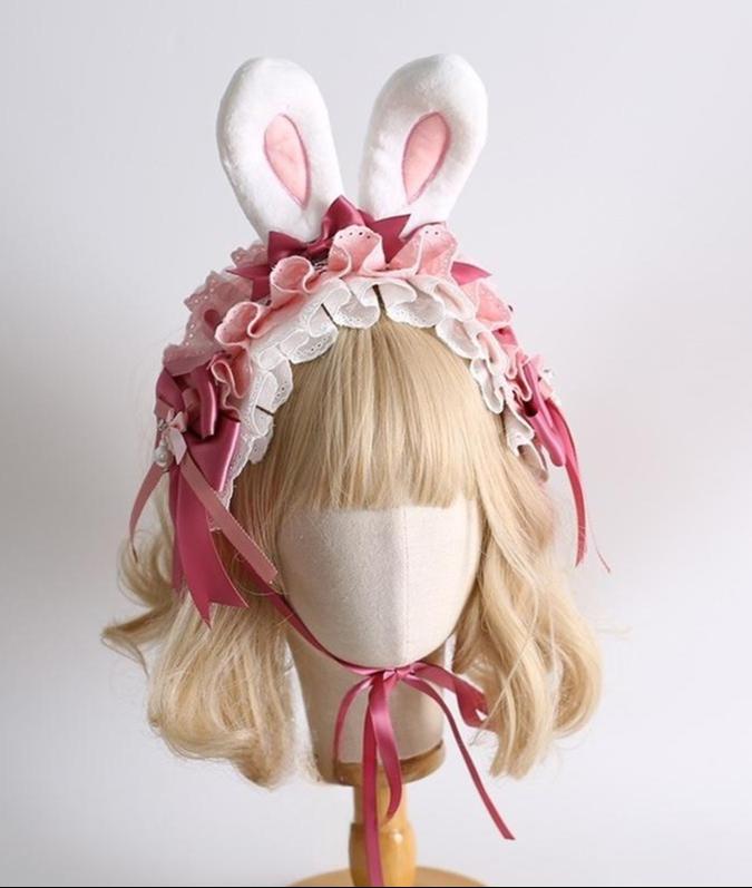 Xiaogui - Sweet Lolita Headdress Pink White - Bunny Ear Hair Accessory Headwear