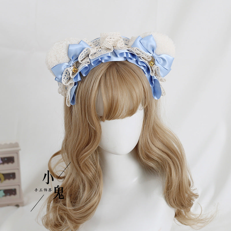 Handmade Lolita Bear Ear Bow Lace Headband, a cute hair accessory with bear ears and lace details for stylish Lolita fashion.