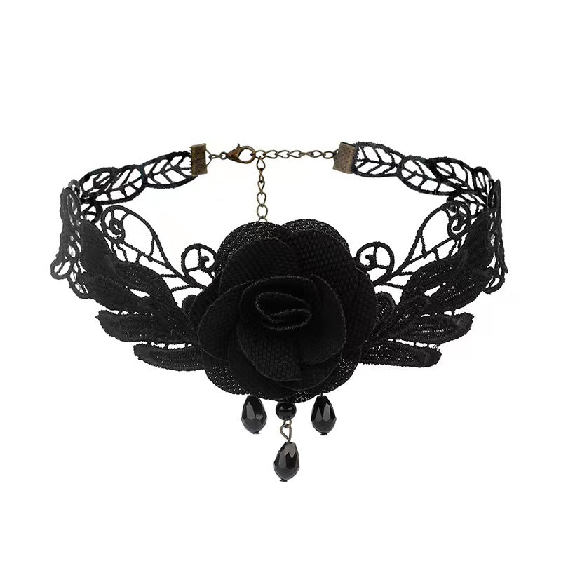 Gothic Dark Lolita Lace Necklace Y2K Harajuku Subculture Black Cross Choker - Lolita Fetch
