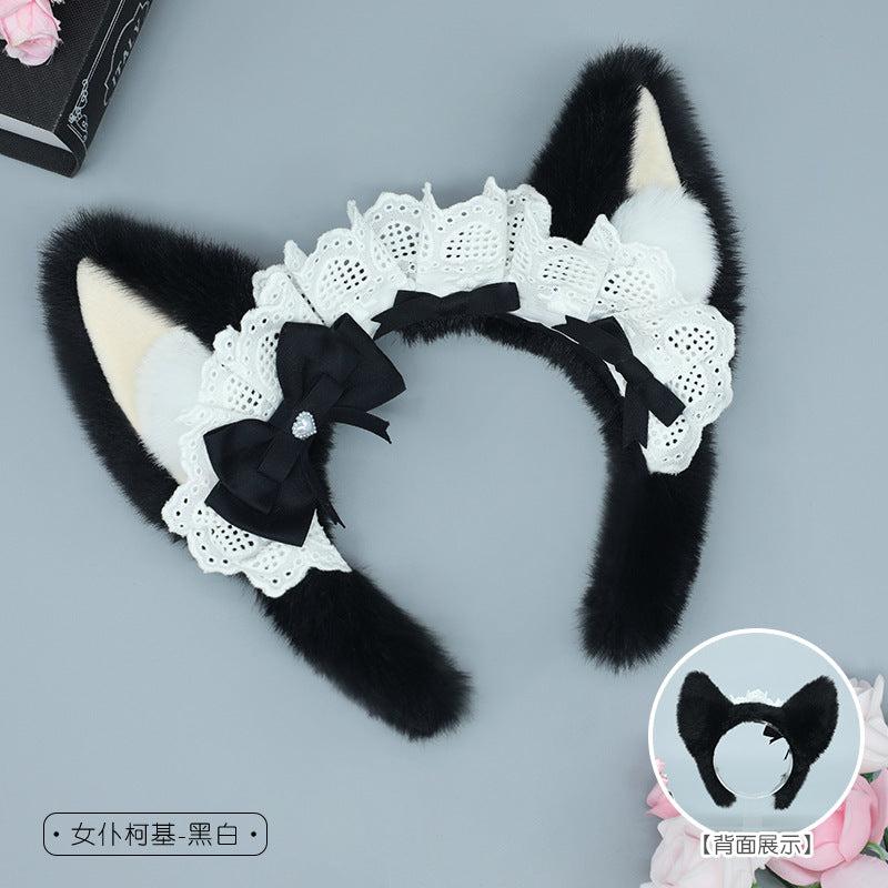 Plush Lolita Headband Lace Bow Hair Accessory Realistic Animal Ears Maid Corgi Hair Ornament Japanese KC Headband - Lolita Fetch