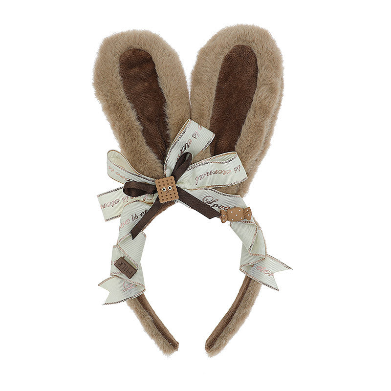 Handmade Japanese JK Style Lolita Hair Accessories Chocolate Bunny Plush Bunny Ears Headband Bangs