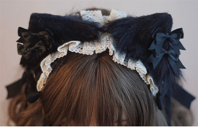 Original Handmade Black and White Bow Cat Ear Headband Lolita Kc