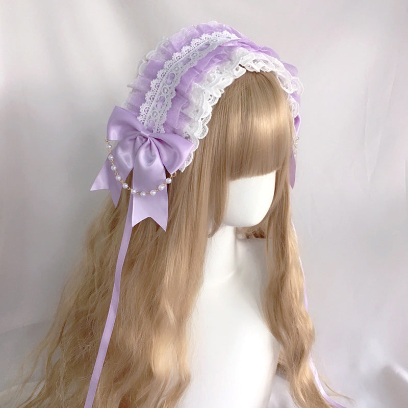 Snow white lace headband with a sweet KC bow, LolitaFetch soft girl Lolita headdress, perfect for princess-style fashion.