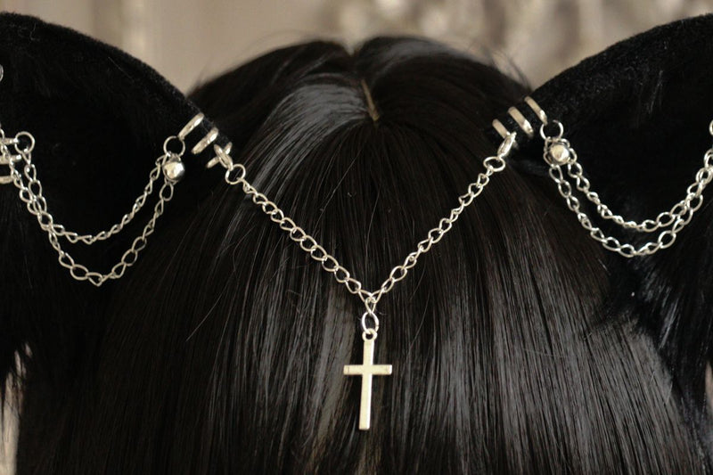 Qianxun Gothic Cat-Ear Chain Hair Clip