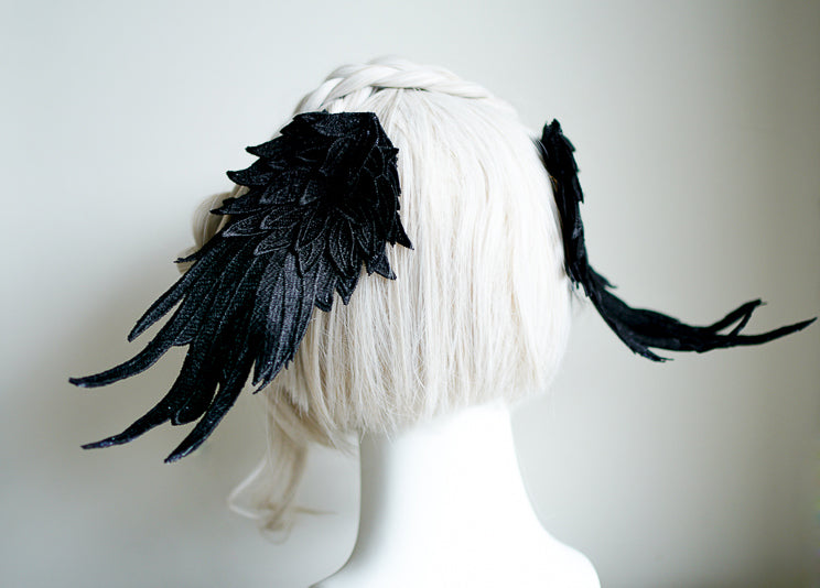 Black and white embroidered angel wings Lolita feather hair clip headdress with two-tone design and intricate detailing.