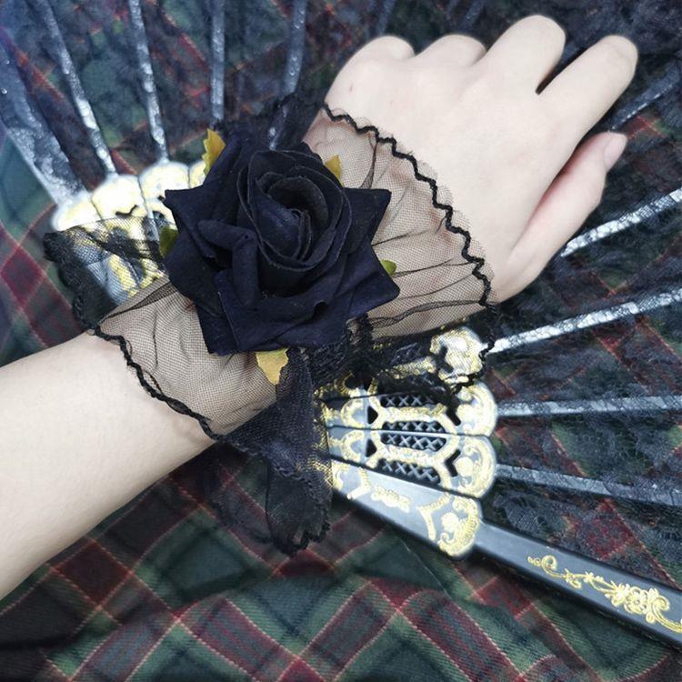 Dark Lolita Lace Wrist Cuffs for Women, Burgundy Rose Dress Cuffs with Wrist Flowers