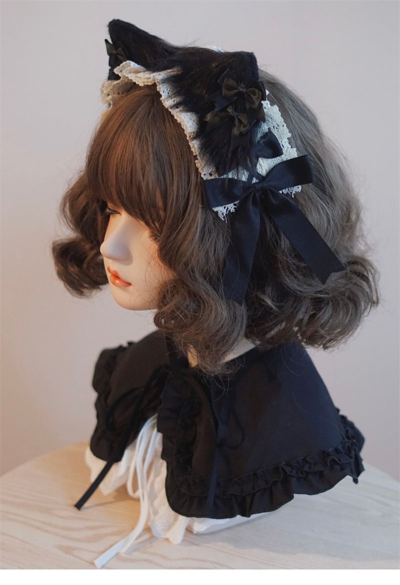 Original Handmade Black and White Bow Cat Ear Headband Lolita Kc