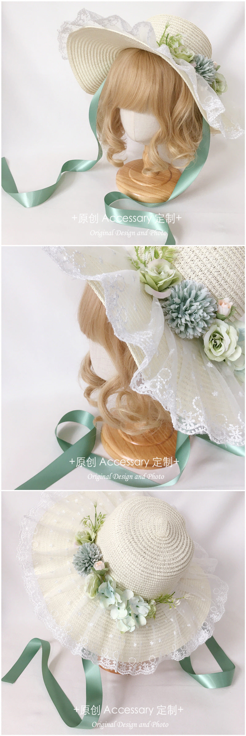 Original Handmade Lolita Sun Hat for Outings and Photos with Flower Bow Lace Wide Brim Sun Hat Straw Hat