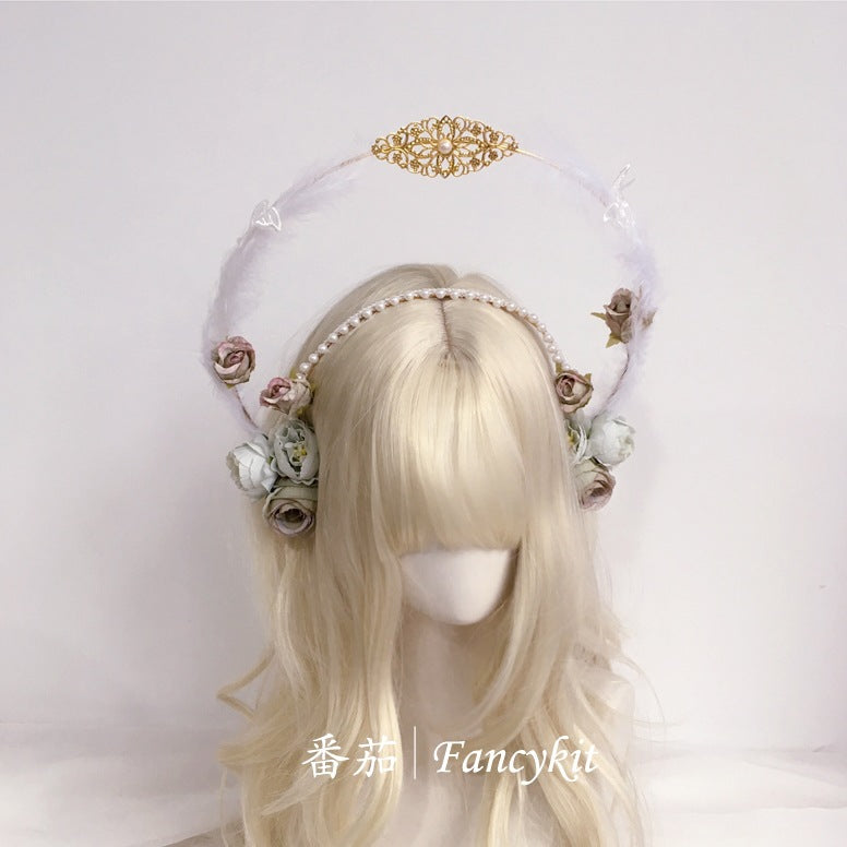 Flower Lolita Virgin Mary Double Layer Halo Hair Crown - Hanfu Headwear with Feather | Classical Han-Yang Eclectic Headpiece