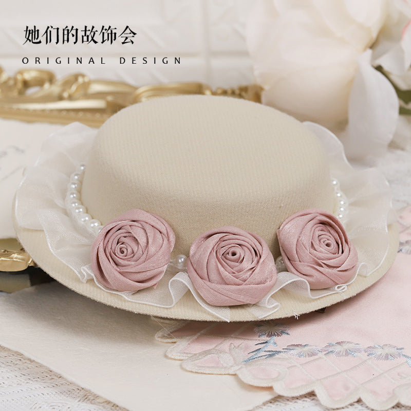 Original Lolita Handmade Mini Flat Hat for Women Summer Pearl Fake Flower Elegant Chinese and Western Mixed Gentle Style Hat