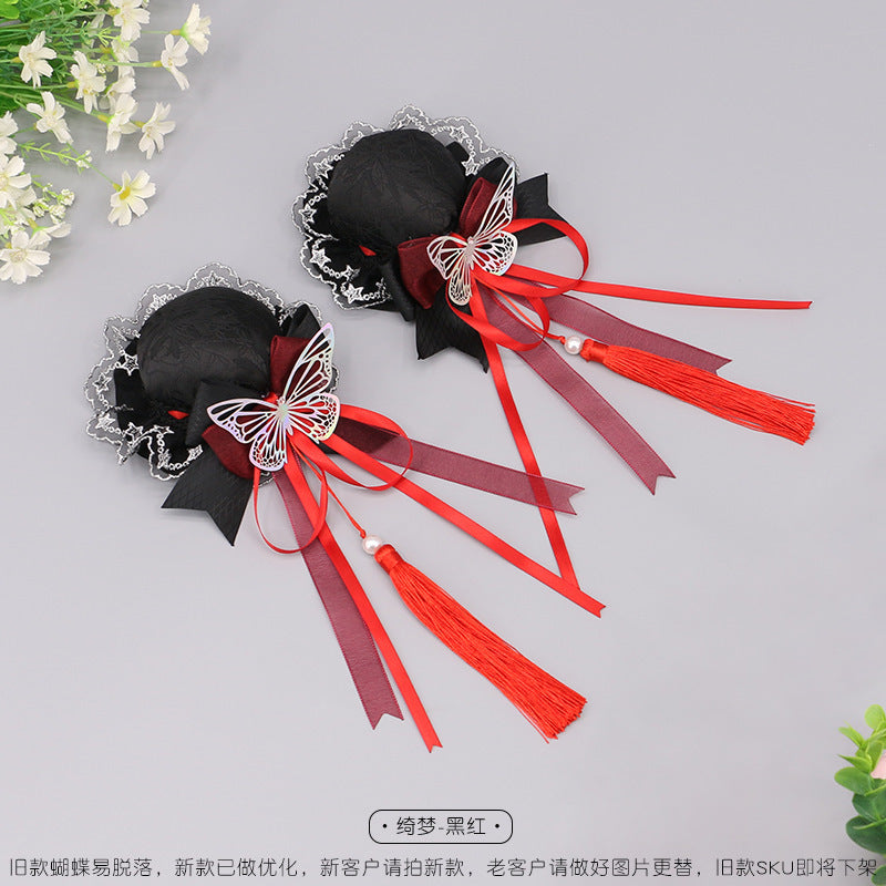 Handmade Lolita Chinese Style Bun Clip - Tassel Lace Bow Hair Ornament - Lolita Fetch