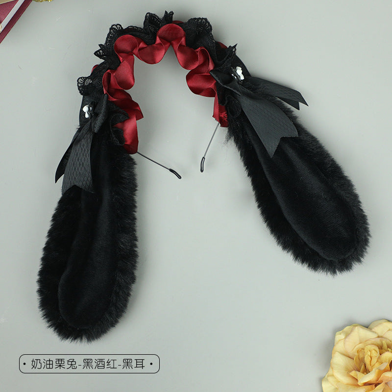 Cute Plush Lace Ribbon Lolita Headband Comic Con Cosplay Prop Realistic Rabbit Ear Hair Accessory Headband - Lolita Fetch