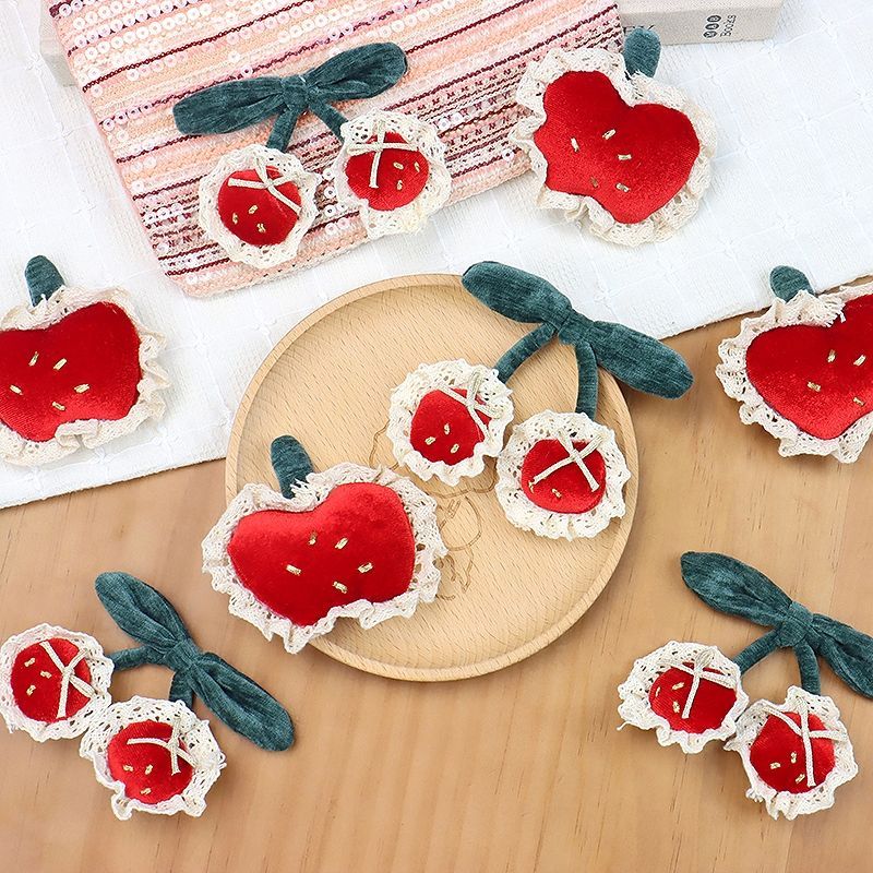 Handmade - Red Velvet Fruit Bow - Cherry and Apple Brooch - detail view 6