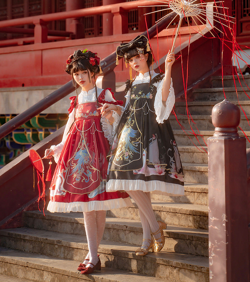 Morning Dew Hanfu - Inspired Lolita JSK | Gold - Woven Phoenix & Detachable Bead Chain - Lolita Fetch