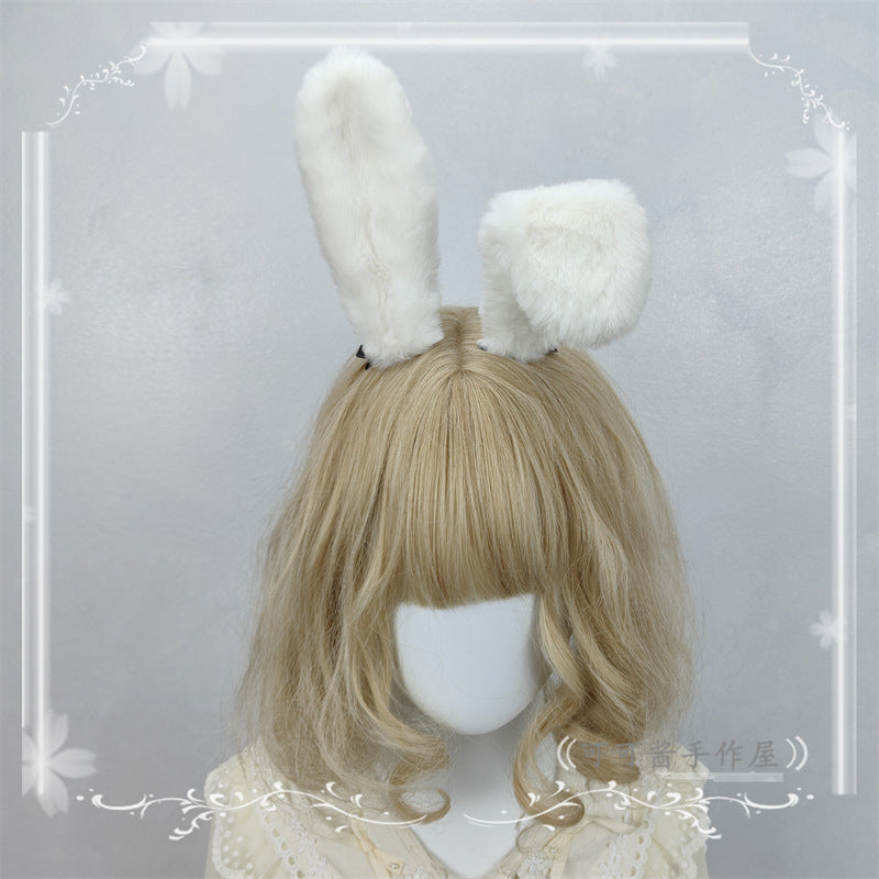 Realistic white rabbit ear hair clip and headband featuring plush bunny ears, ideal for cosplay or Lolita fashion accessories.