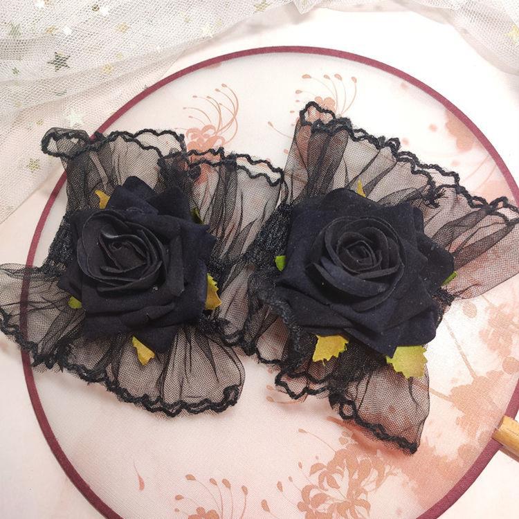 Dark Lolita Lace Wrist Cuffs for Women, Burgundy Rose Dress Cuffs with Wrist Flowers