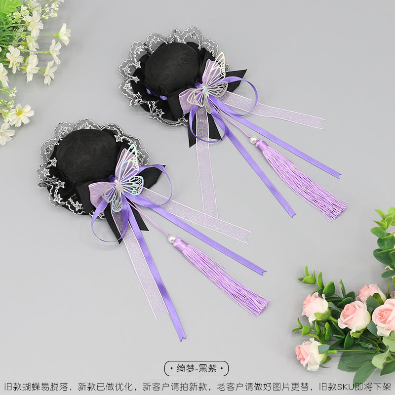 Handmade Lolita Chinese Style Bun Clip - Tassel Lace Bow Hair Ornament