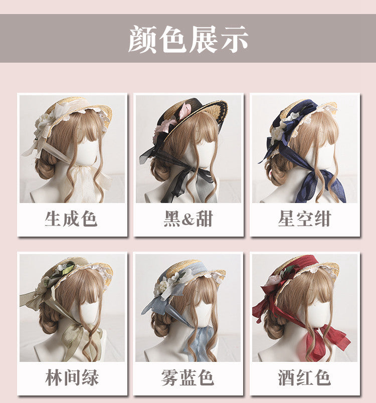 Lolita Flower Straw Hat for Women Summer Flat Hat Lolita Sun Protection Shade Han Yang Eclectic Mori Style Hat for Women