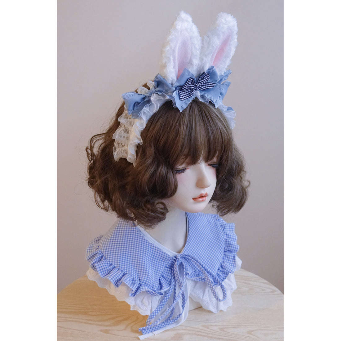 Original Handmade Light Blue Rabbit Ear Headband with Ruffled Edge Lolita Animal Ear Alice