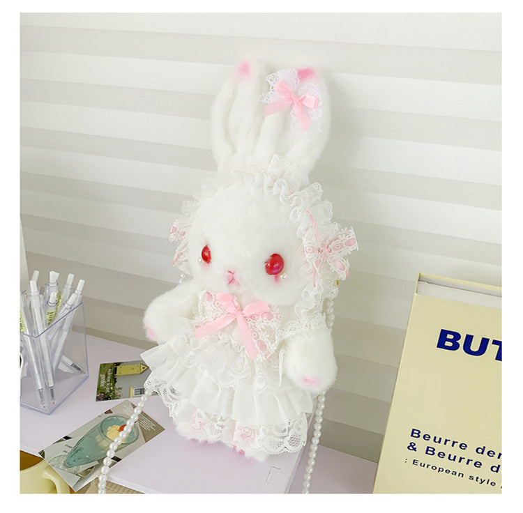 Lop-Eared Bunny Lolita Pearl Chain Doll Bag – 2025 Cute Bow Plush Shoulder Bag