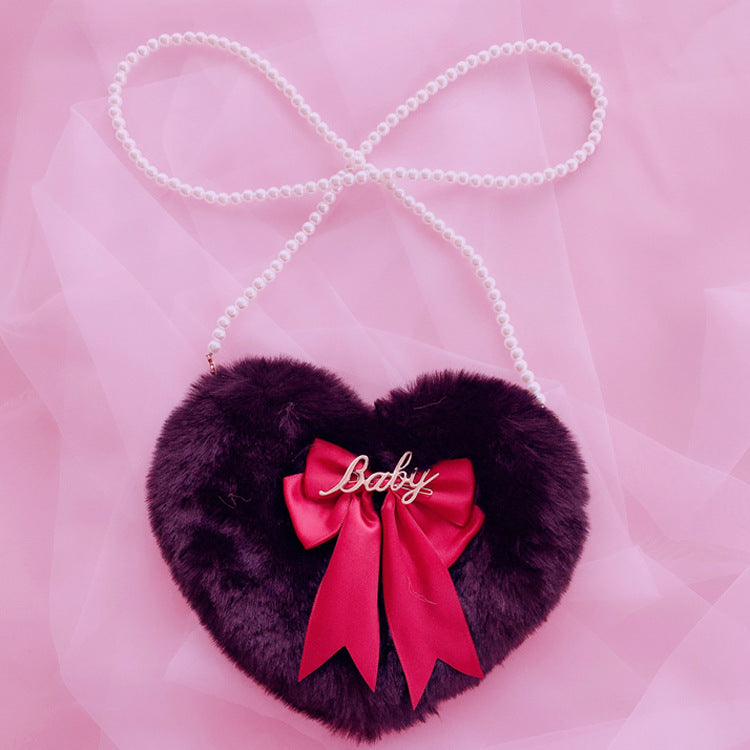 Lolita Plush Heart Shoulder Bag Heart-Shaped Multi-Color Double-Layer Bow Pearl Chain Lolita Bag Crossbody Bag