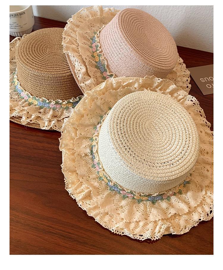 French Lolita Lace Trim Straw Hat for Women Summer Wide Brim Flat Top Sun Hat Beach Sunshade