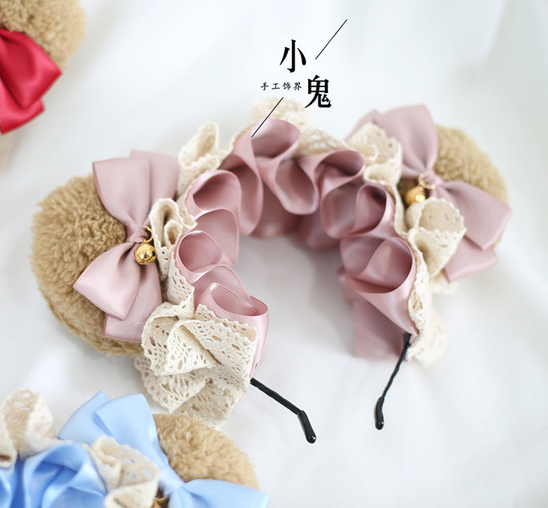Handmade LolitaFetch bear ear bow lace headband featuring cute bear ears, lace details, and a charming hair accessory design.