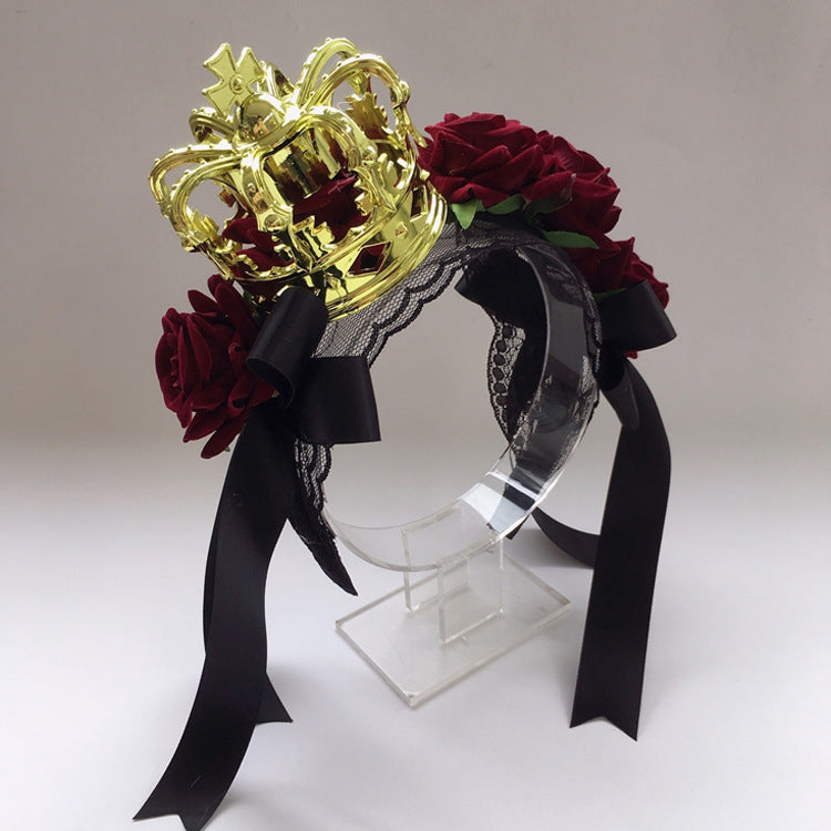Christmas Gothic Crown Red Rose Headband Lolita Ribbon Hair Accessory Vintage Festival Party Veil Accessory