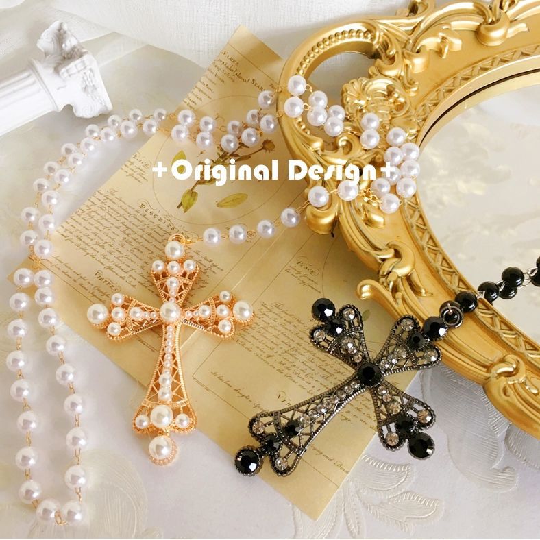 Gothic Retro Girl's Prayer Lolita Pearl Gold Lolita Cross Necklace Eur