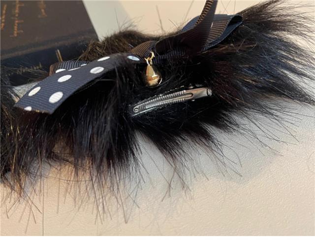 Handmade black and pink faux fur cat ear bow hair clip, LolitaFetch animal ear side headdress for Japanese Lolita fashion styling