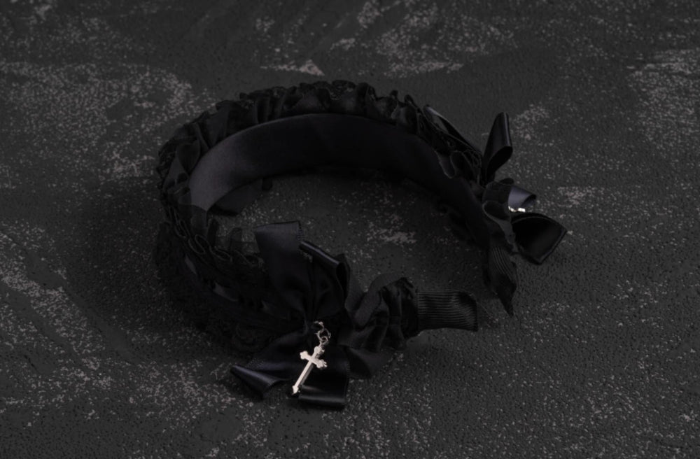 Black Gothic Lolita lace headband with bows and cross pendant