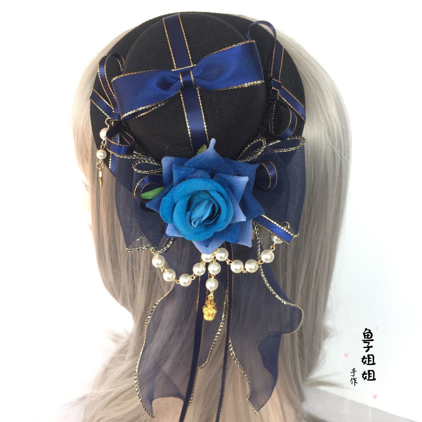 Handmade Lolita hat by LolitaFetch, small cyan and burgundy gothic flower pill crown headwear for versatile Lolita fashion style