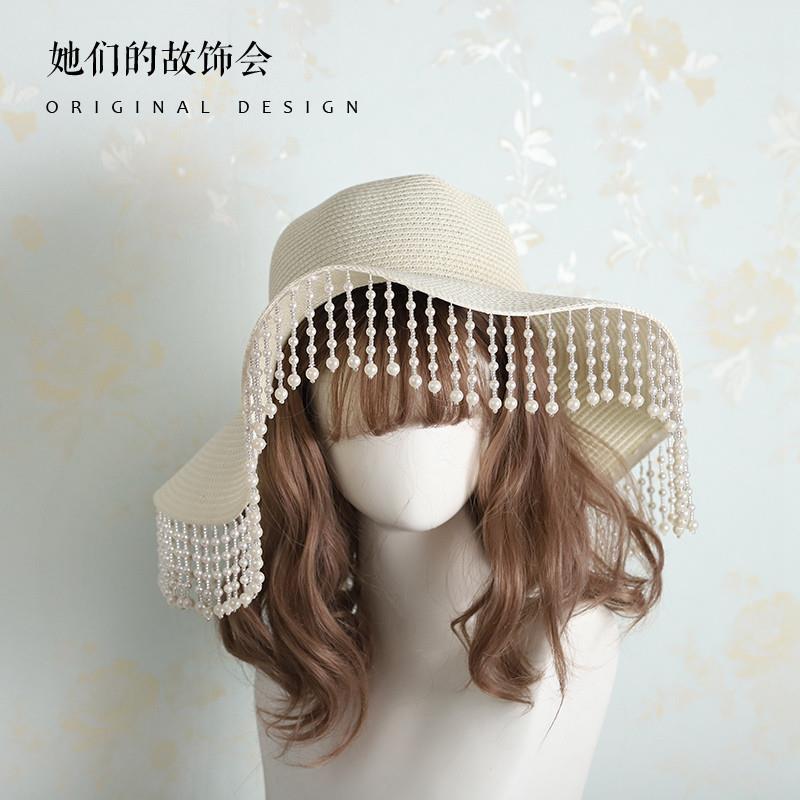 Lolita Straw Hat for Women Summer Han-Yang Eclectic Hanfu Tassel Retro Sunshade Wide Brim Hat for Women