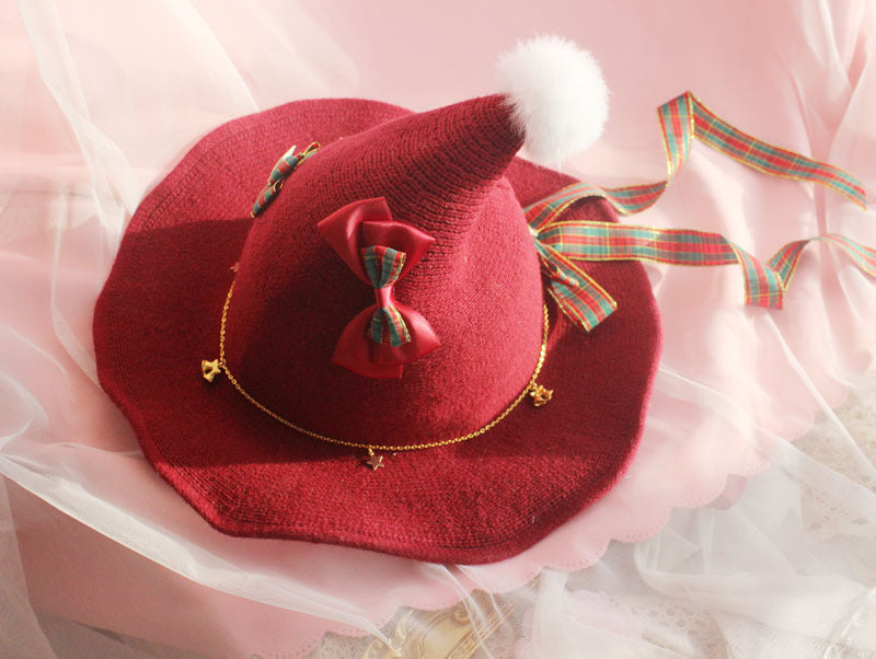 Handmade Christmas Lolita pointed pom-pom knit hat, a holiday-themed hair accessory with festive red and white colors.