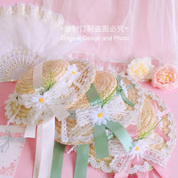 Independent Brand - Floral Ribbon Flat Straw Hat - Headwear - Off-white Ribbon Small Straw Hat / Free size