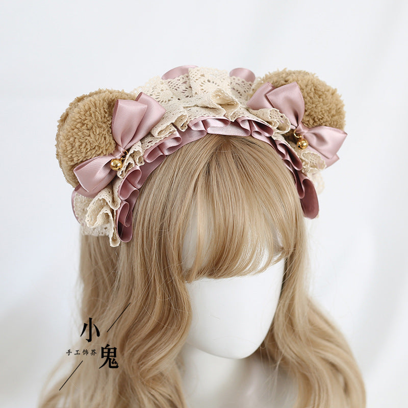 Coffee Color Lolita Bear Ear Headband KC - Bow & Lace Cute Girl Hair A