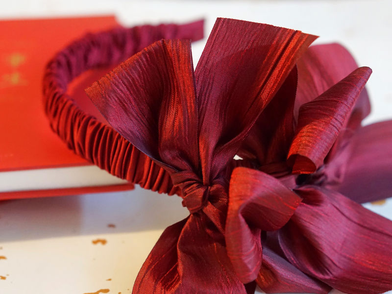 Wine red handmade Lolita fashion bow hairband with ruched design, perfect for New Year celebrations, by LolitaFetch.