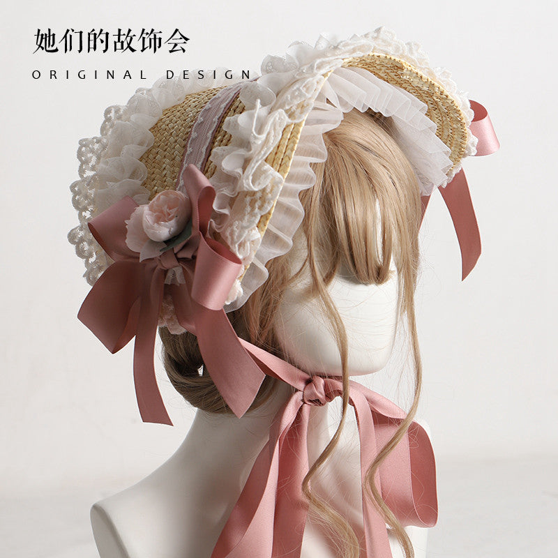 Lolita Hat Handmade Bonnet Multi-color Reminiscence BNT Original Design Pastoral Style Lolita Straw Hat for Women Summer