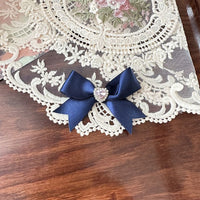Handmade - Crystal Heart Swallowtail - Bow Hair Accessory - Crystal Heart Swallowtail Bow Navy Single / Hair Tie