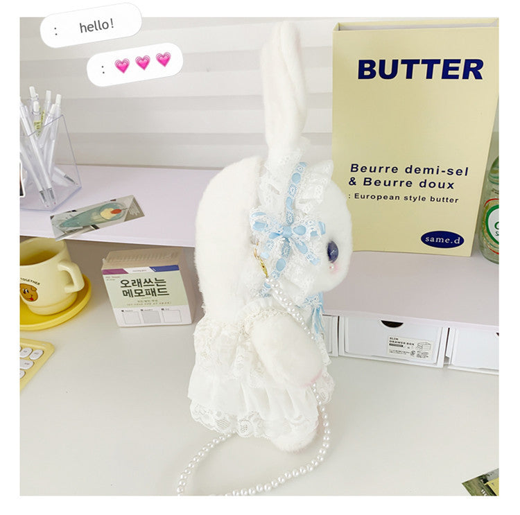 Lop-Eared Bunny Lolita Pearl Chain Doll Bag – 2025 Cute Bow Plush Shoulder Bag