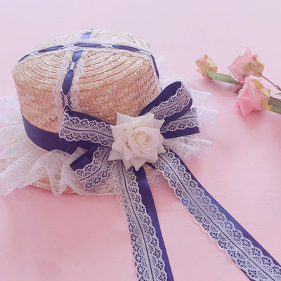Lolita Multicolor Handmade Sweet Lace Long Ribbon Straw Hat Flat Top Sunshade Handmade Soft Girl