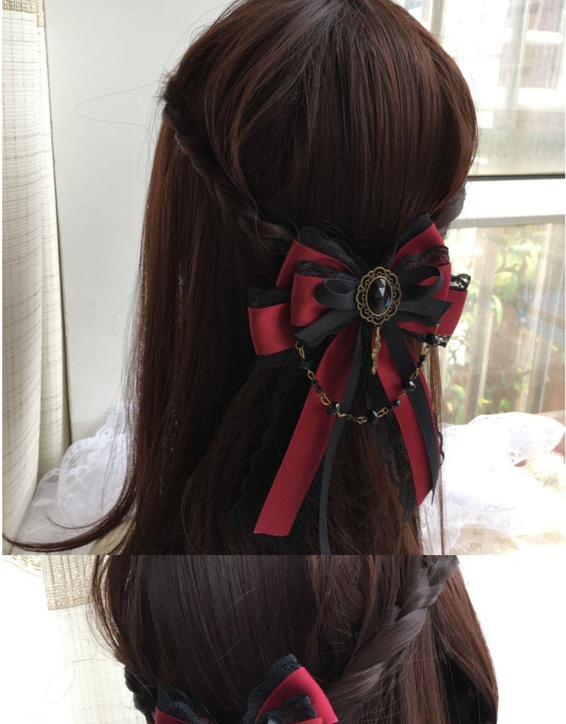 Castle Night Original Dark Wine Red Lolita small bow hair clip, elegant headdress accessory with a charming design.