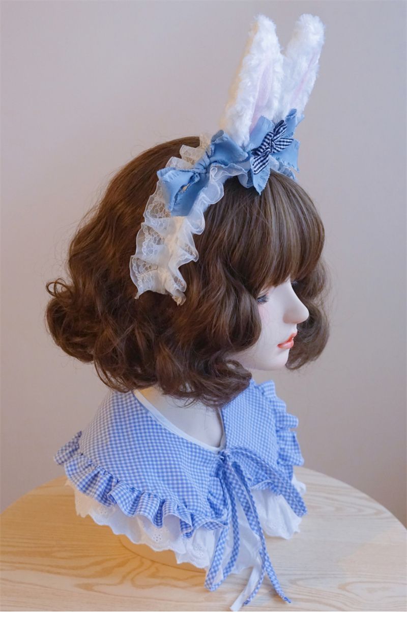 Original Handmade Light Blue Rabbit Ear Headband with Ruffled Edge Lolita Animal Ear Alice