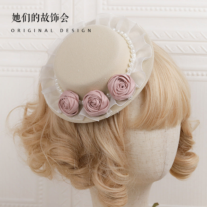 Original Lolita Handmade Mini Flat Hat for Women Summer Pearl Fake Flower Elegant Chinese and Western Mixed Gentle Style Hat