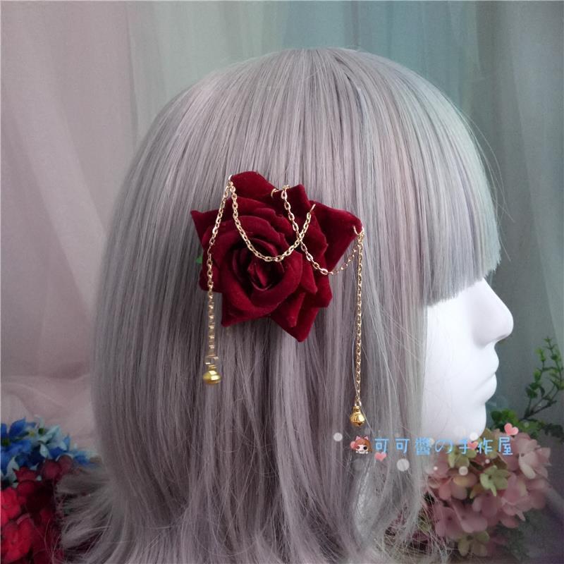 Lolita Rose Hair Clip Chain Bell Handmade DIY Handcraft Gay Hair Accessory Dark Gothic Cosplay Comic Exhibition Hair Accessory