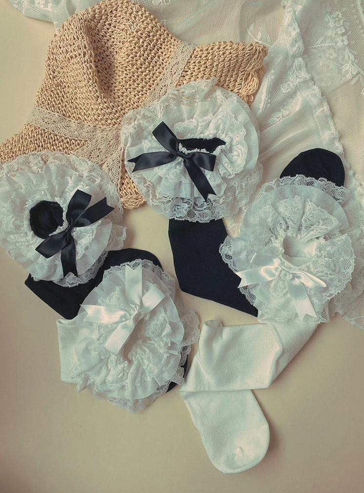 WAGUIR - Cotton Lolita Bow Socks with - Layered Lace Trim Socks