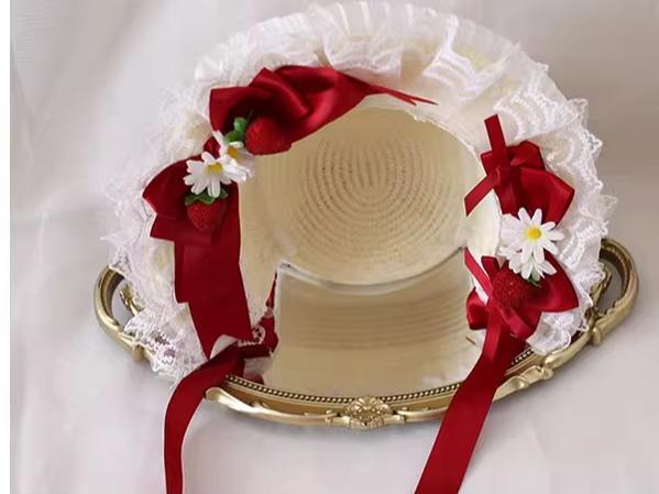 Xiaogui - Sweet Lolita Hat Strawberry Bonnet - with Lace and Bow Headwear
