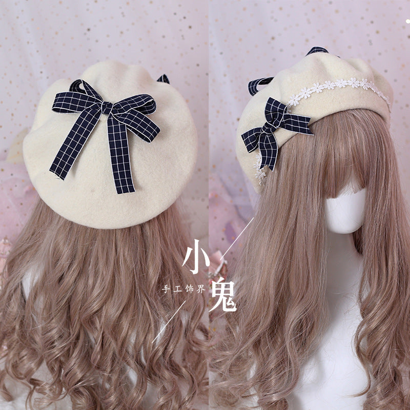 Lolita Pancake Beret sweet woolen hat with daisy bow, cute and charming hair accessory perfect for a whimsical fashion look.