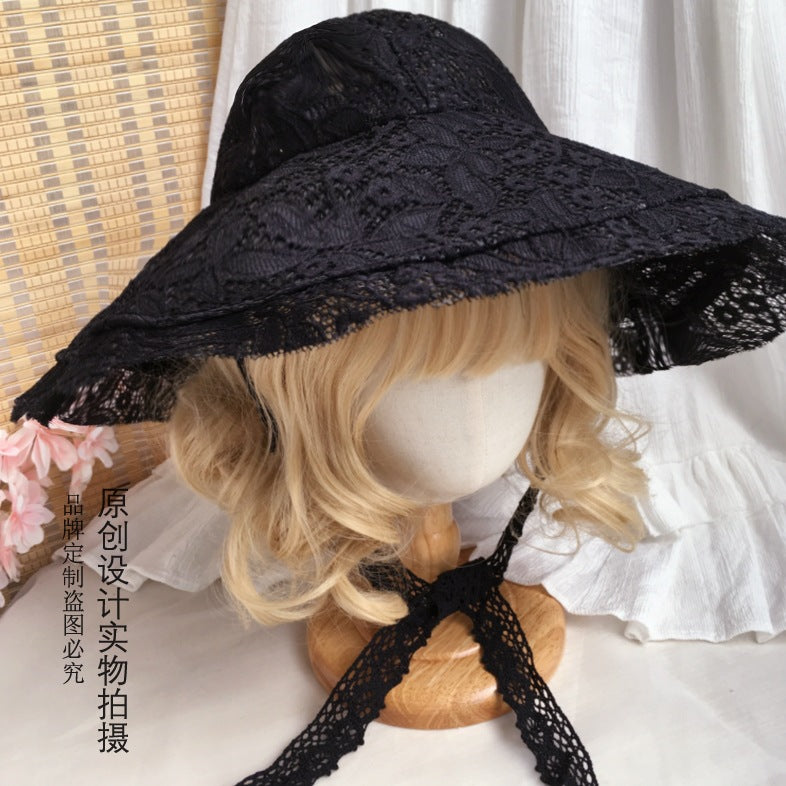 Girl Lolita White Lace Sun Hat Wide Brim Sunshade Hat Vintage Bonnet Hat Sun Protection Hat - Lolita Fetch
