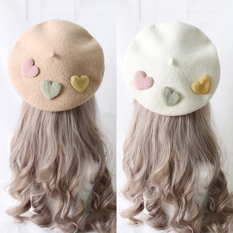 Xiaogui - Sweet Lolita Beret Loving Heart - Wool Hat Multicolor Headwear